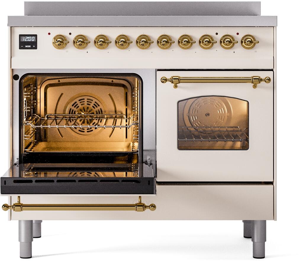 ILVE Nostalgie II 40-Inch Freestanding Electric Induction Range in Antique White with Brass Trim (UPDI406NMPAWG)