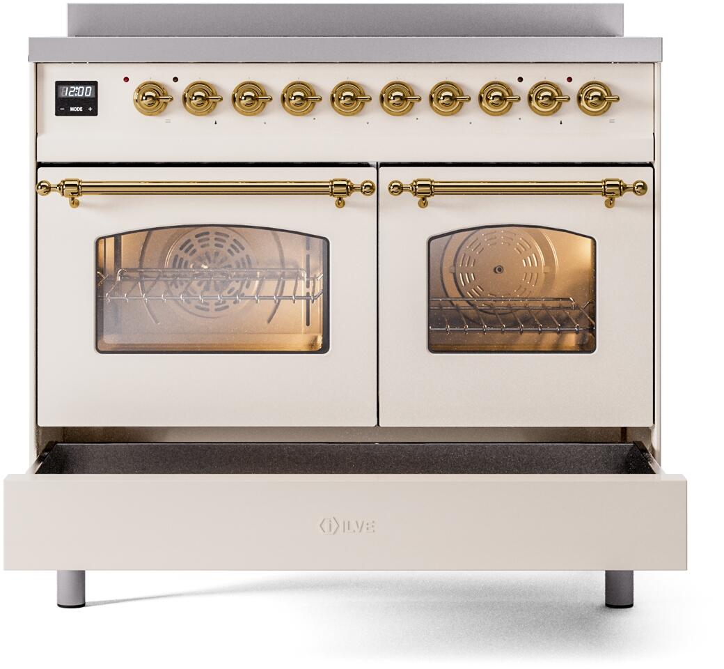 ILVE Nostalgie II 40-Inch Freestanding Electric Induction Range in Antique White with Brass Trim (UPDI406NMPAWG)