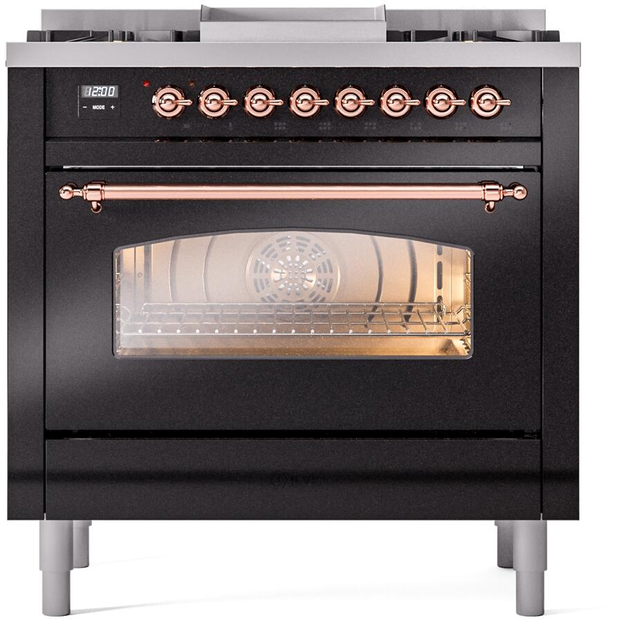 ILVE Nostalgie II 36-Inch Dual Fuel Freestanding Range in Glossy Black with Copper Trim (UP36FNMPBKP)