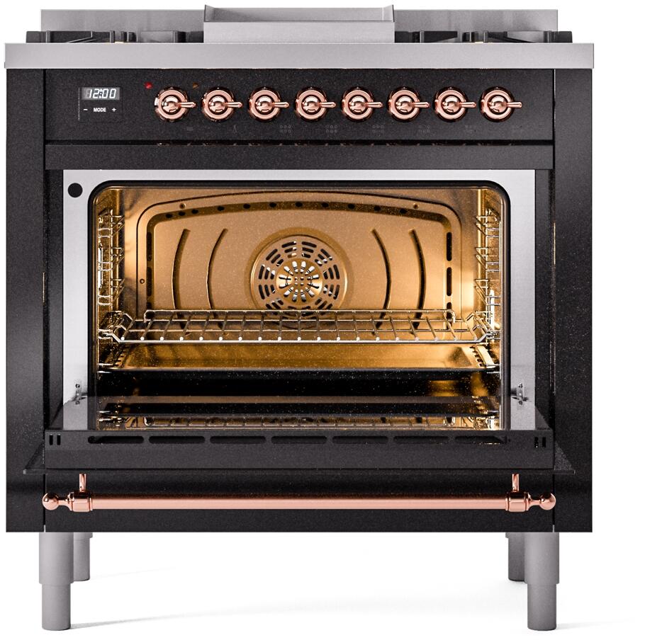 ILVE Nostalgie II 36-Inch Dual Fuel Freestanding Range in Glossy Black with Copper Trim (UP36FNMPBKP)