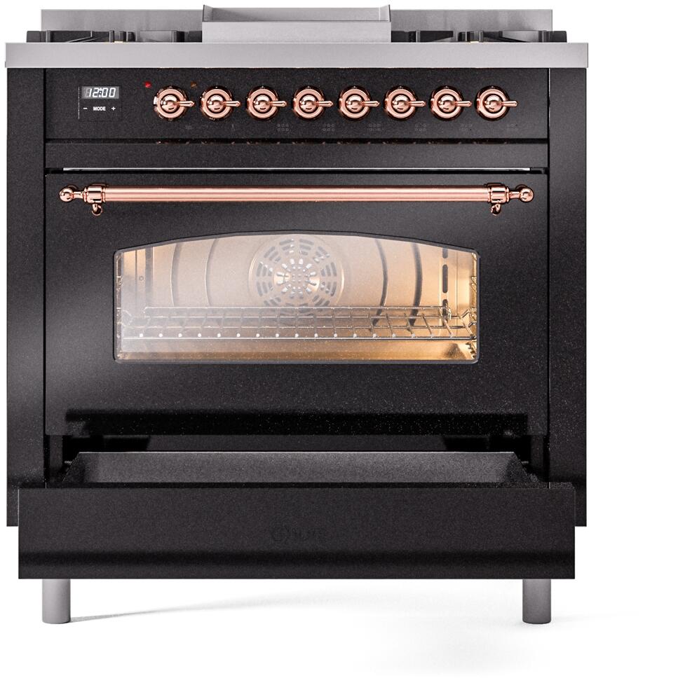 ILVE Nostalgie II 36-Inch Dual Fuel Freestanding Range in Glossy Black with Copper Trim (UP36FNMPBKP)