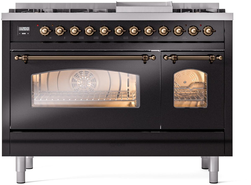 ILVE Nostalgie II 48-Inch Dual Fuel Freestanding Range in Glossy Black with Bronze Trim (UP48FNMPBKB)