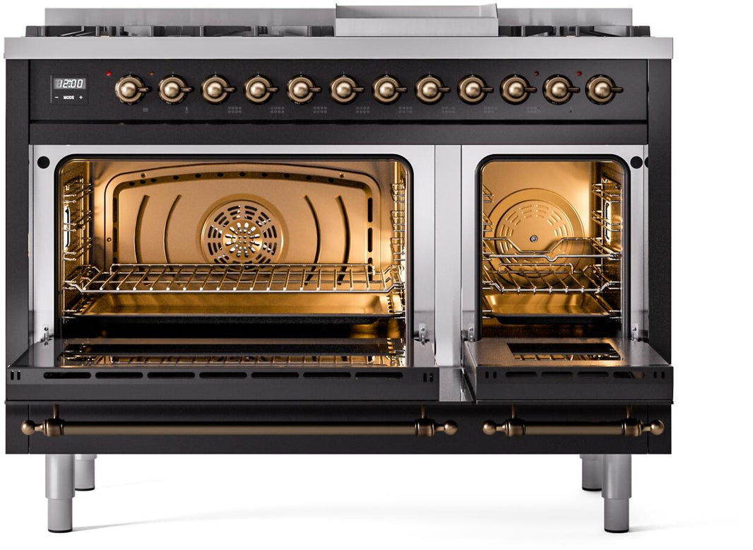 ILVE Nostalgie II 48-Inch Dual Fuel Freestanding Range in Glossy Black with Bronze Trim (UP48FNMPBKB)