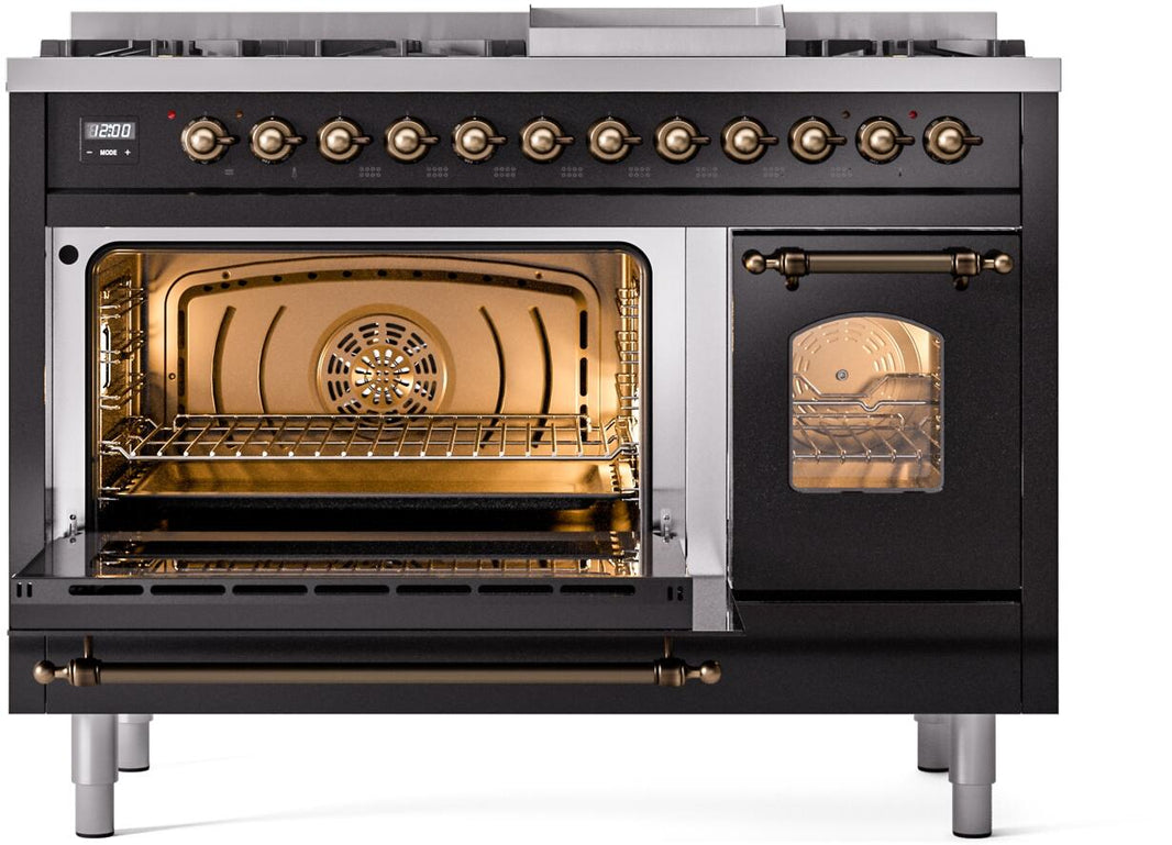 ILVE Nostalgie II 48-Inch Dual Fuel Freestanding Range in Glossy Black with Bronze Trim (UP48FNMPBKB)