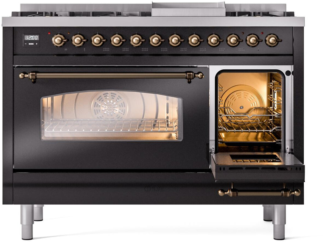 ILVE Nostalgie II 48-Inch Dual Fuel Freestanding Range in Glossy Black with Bronze Trim (UP48FNMPBKB)