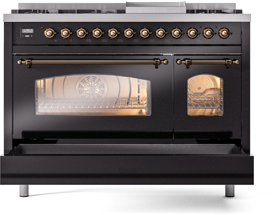 ILVE Nostalgie II 48-Inch Dual Fuel Freestanding Range in Glossy Black with Bronze Trim (UP48FNMPBKB)