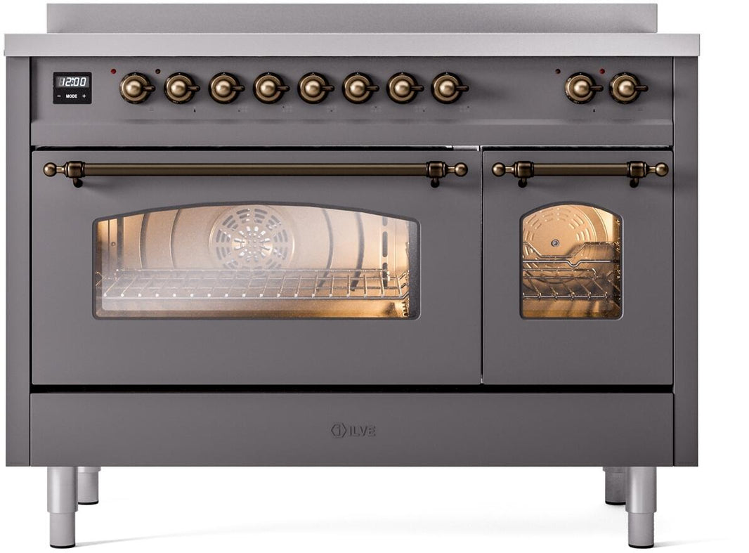 ILVE Nostalgie II 48-Inch Freestanding Electric Induction Range in Matte Graphite with Bronze Trim (UPI486NMPMGB)