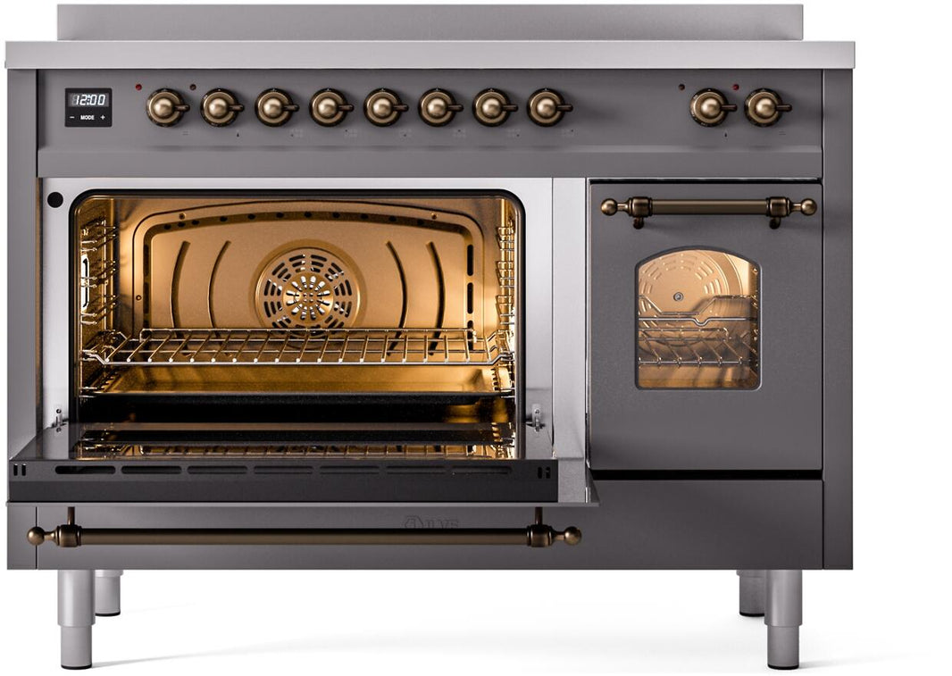 ILVE Nostalgie II 48-Inch Freestanding Electric Induction Range in Matte Graphite with Bronze Trim (UPI486NMPMGB)