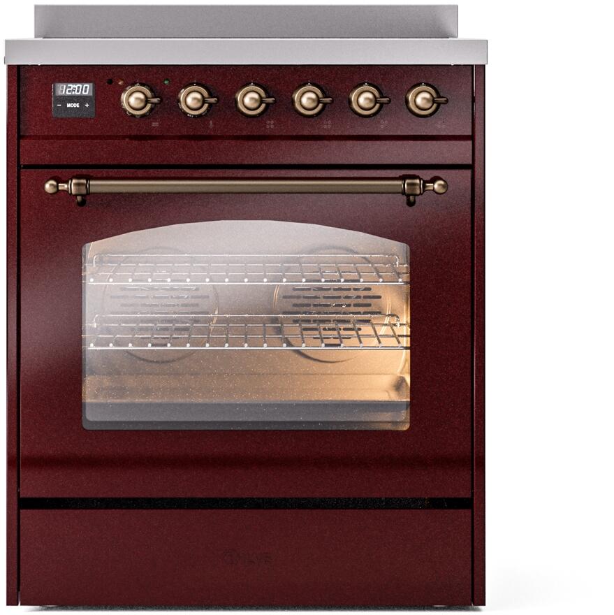 ILVE Nostalgie II 30-Inch Freestanding Electric Induction Range in Burgundy with Bronze Trim (UPI304NMPBUB)