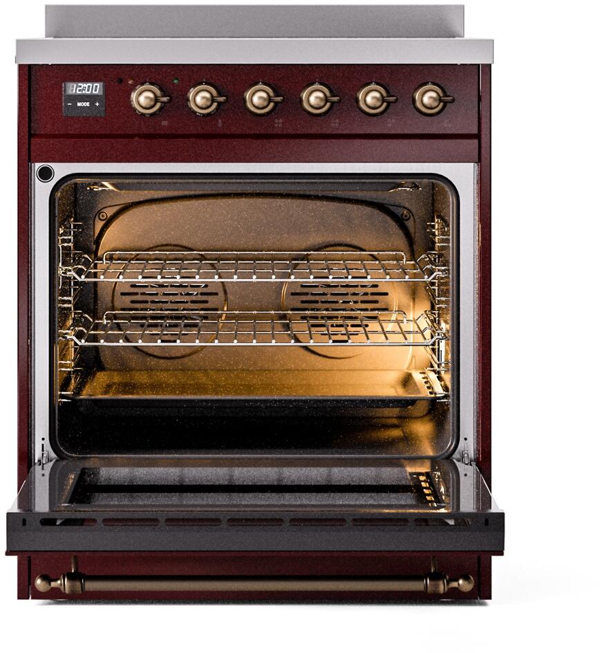 ILVE Nostalgie II 30-Inch Freestanding Electric Induction Range in Burgundy with Bronze Trim (UPI304NMPBUB)