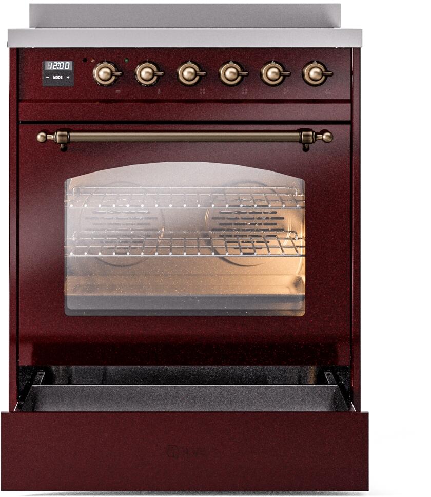 ILVE Nostalgie II 30-Inch Freestanding Electric Induction Range in Burgundy with Bronze Trim (UPI304NMPBUB)