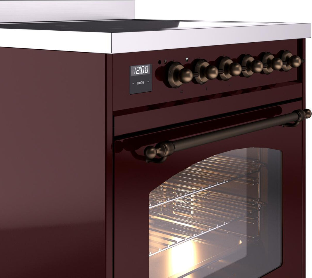 ILVE Nostalgie II 30-Inch Freestanding Electric Induction Range in Burgundy with Bronze Trim (UPI304NMPBUB)