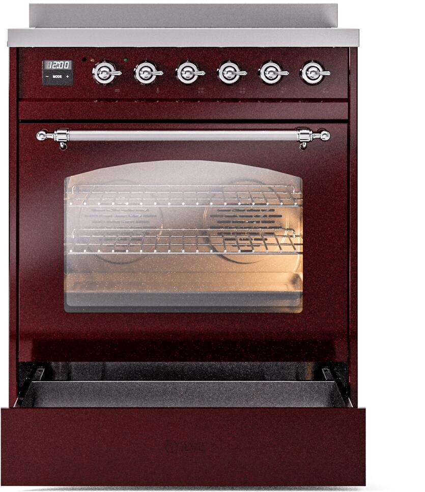 ILVE Nostalgie II 30-Inch Freestanding Electric Induction Range in Burgundy with Chrome Trim (UPI304NMPBUC)