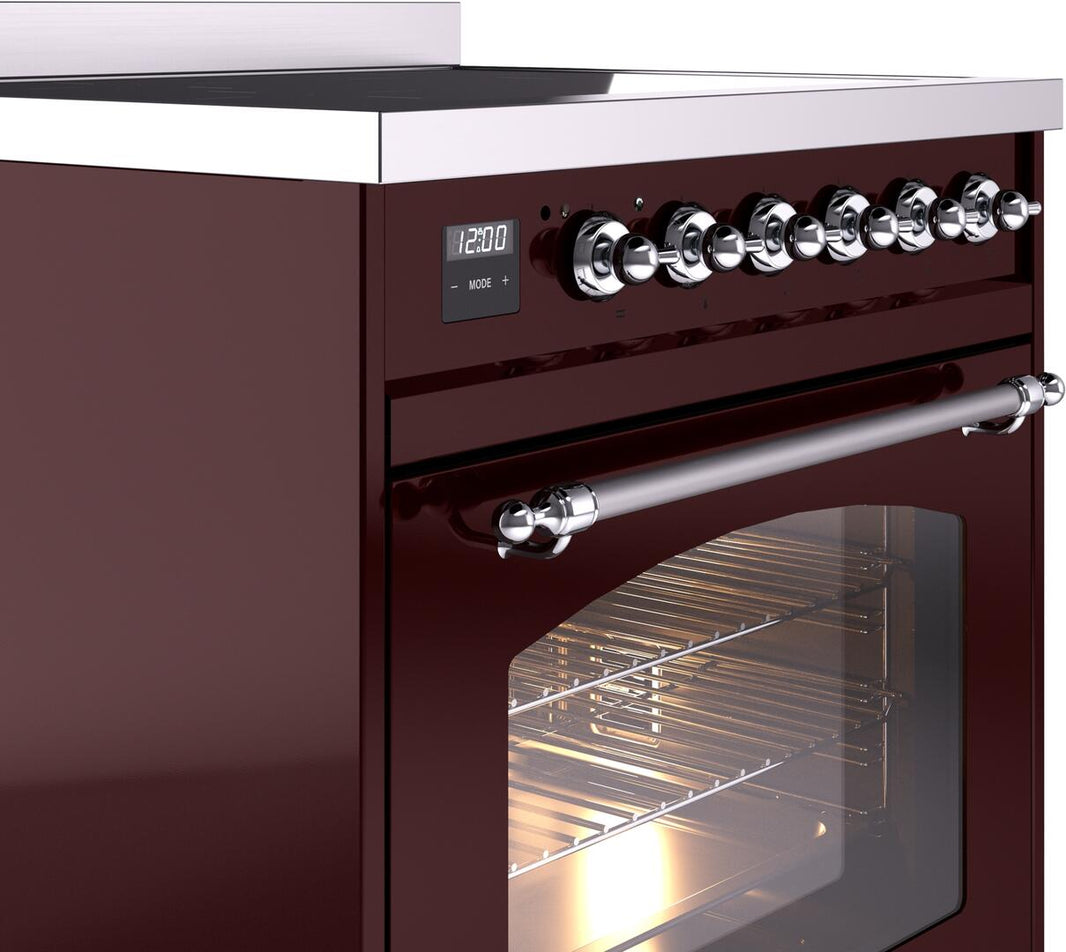 ILVE Nostalgie II 30-Inch Freestanding Electric Induction Range in Burgundy with Chrome Trim (UPI304NMPBUC)