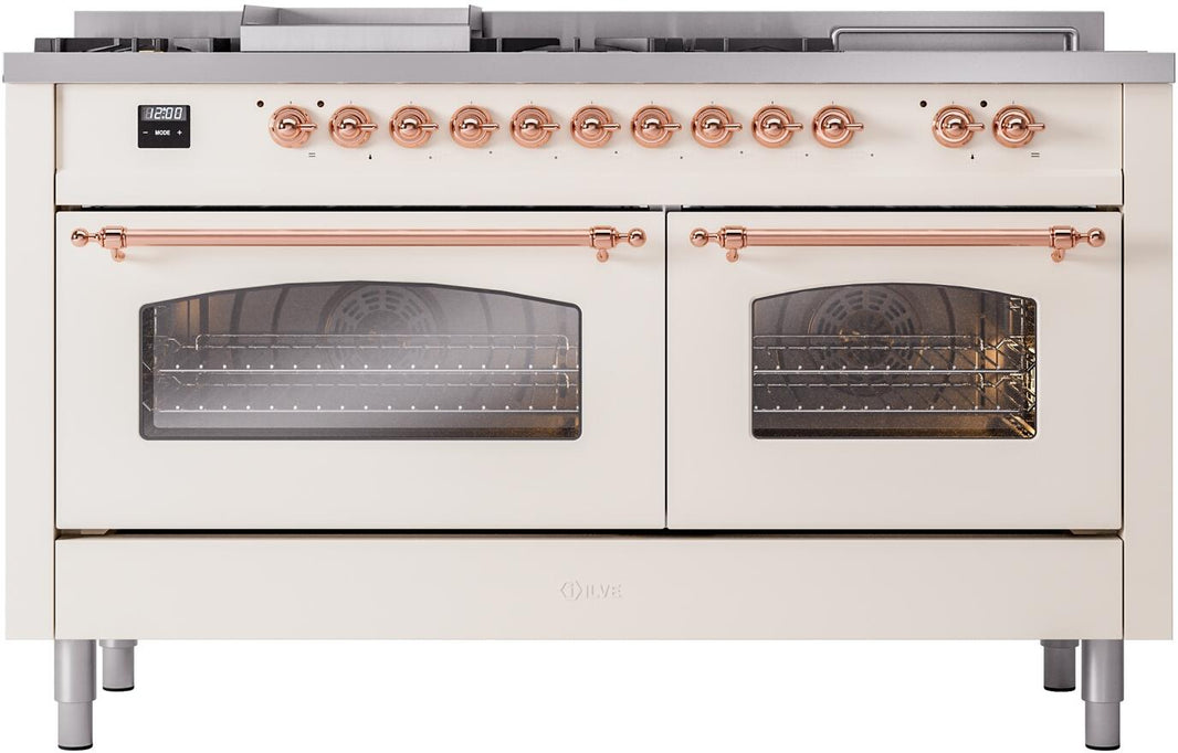 ILVE Nostalgie II 60-Inch Dual Fuel Freestanding Range in Antique White with Copper Trim (UP60FSNMPAWP)