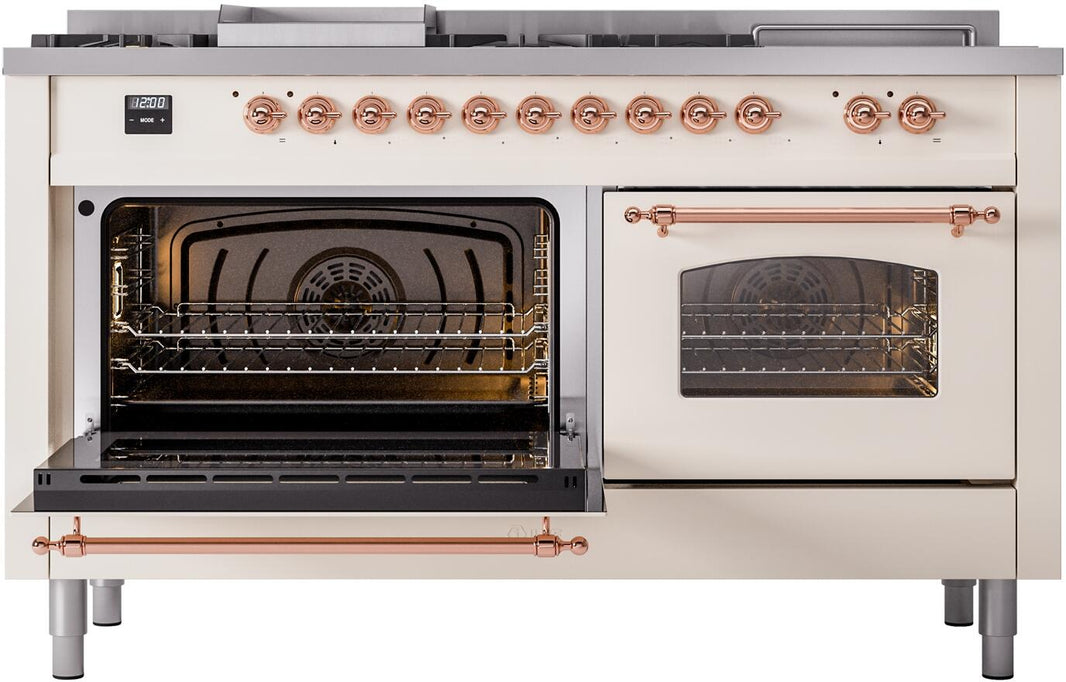 ILVE Nostalgie II 60-Inch Dual Fuel Freestanding Range in Antique White with Copper Trim (UP60FSNMPAWP)