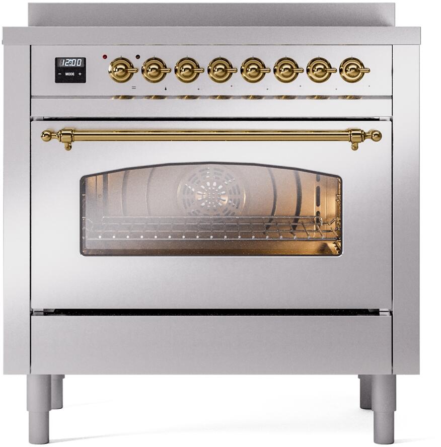 ILVE Nostalgie II 36-Inch Freestanding Electric Induction Range in Stainless Steel with Brass Trim (UPI366NMPSSG)