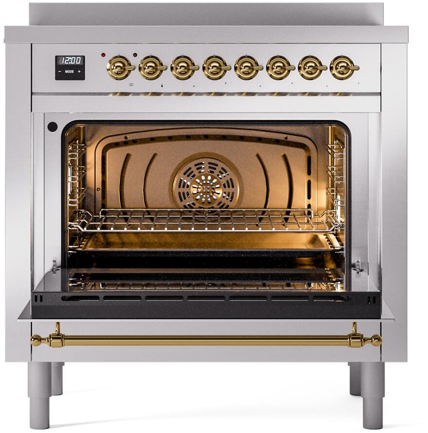 ILVE Nostalgie II 36-Inch Freestanding Electric Induction Range in Stainless Steel with Brass Trim (UPI366NMPSSG)