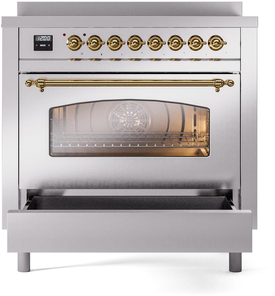 ILVE Nostalgie II 36-Inch Freestanding Electric Induction Range in Stainless Steel with Brass Trim (UPI366NMPSSG)