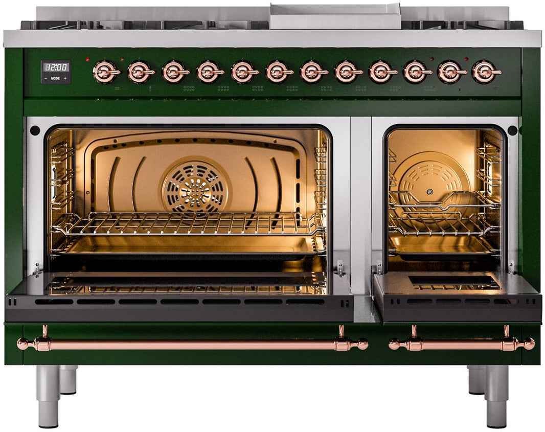 ILVE Nostalgie II 48-Inch Dual Fuel Freestanding Range in Emerald Green with Copper Trim (UP48FNMPEGP)