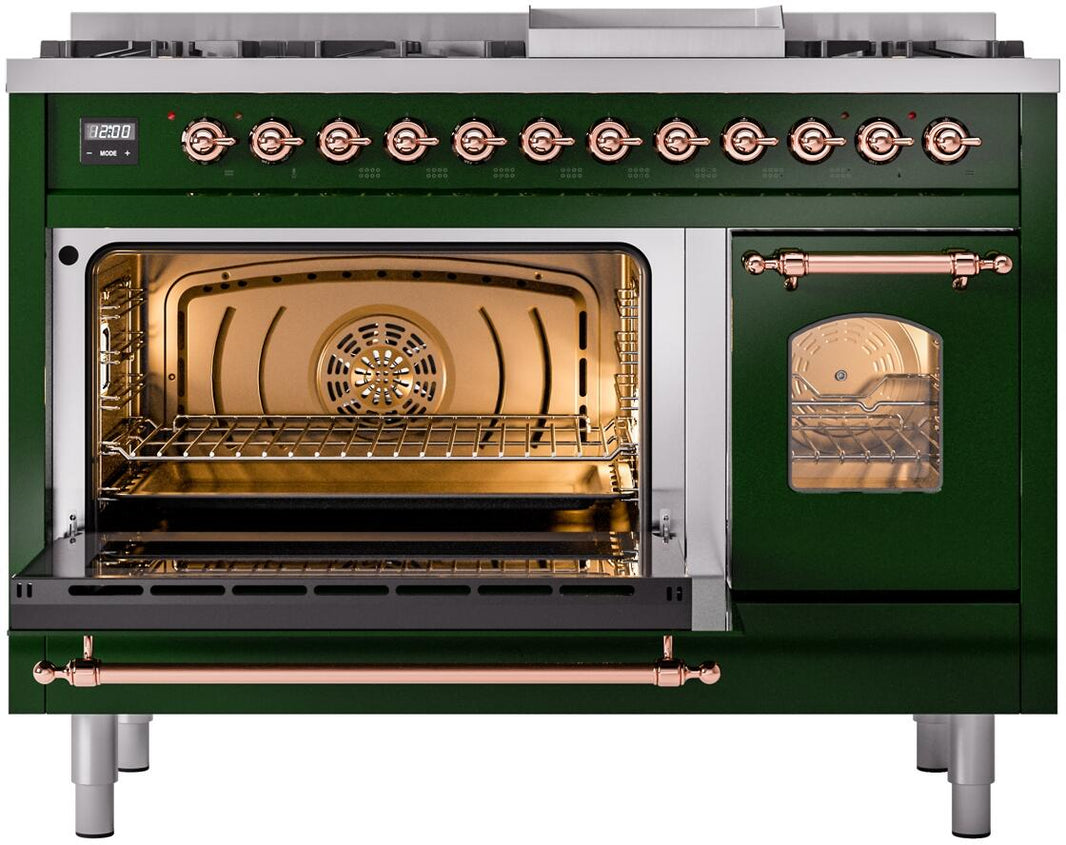 ILVE Nostalgie II 48-Inch Dual Fuel Freestanding Range in Emerald Green with Copper Trim (UP48FNMPEGP)