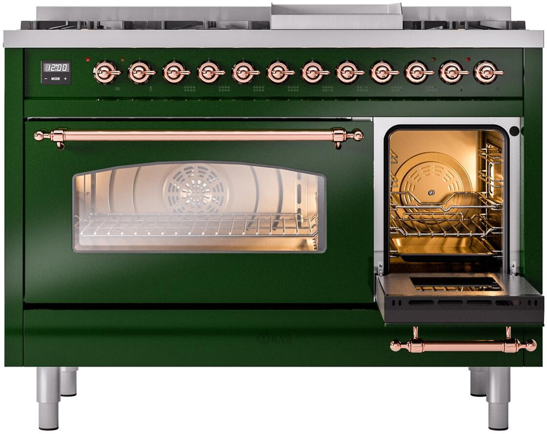 ILVE Nostalgie II 48-Inch Dual Fuel Freestanding Range in Emerald Green with Copper Trim (UP48FNMPEGP)