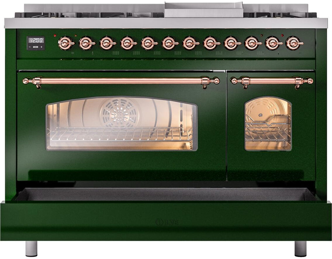 ILVE Nostalgie II 48-Inch Dual Fuel Freestanding Range in Emerald Green with Copper Trim (UP48FNMPEGP)