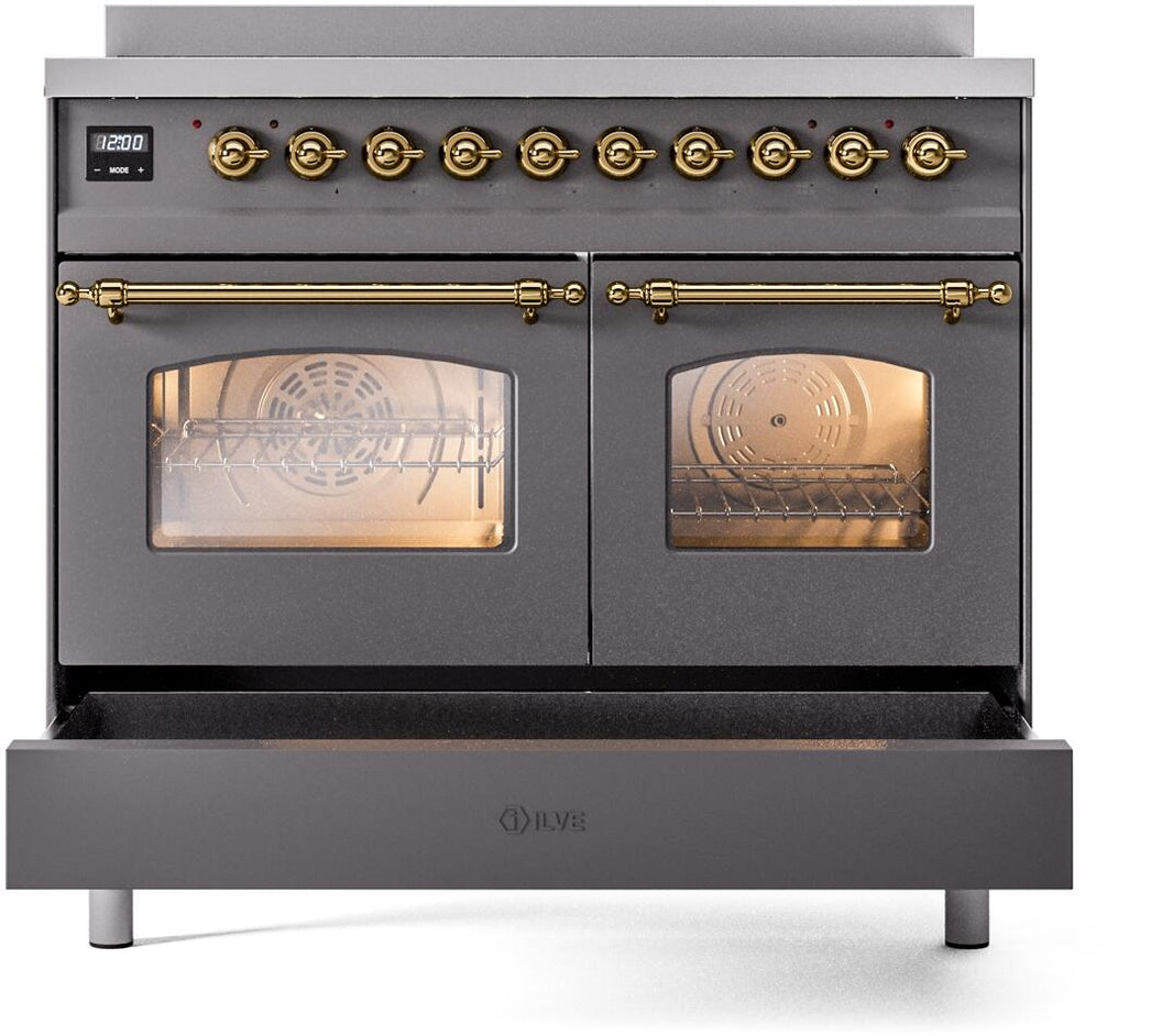 ILVE Nostalgie II 40-Inch Freestanding Electric Induction Range in Matte Graphite with Brass Trim (UPDI406NMPMGG)