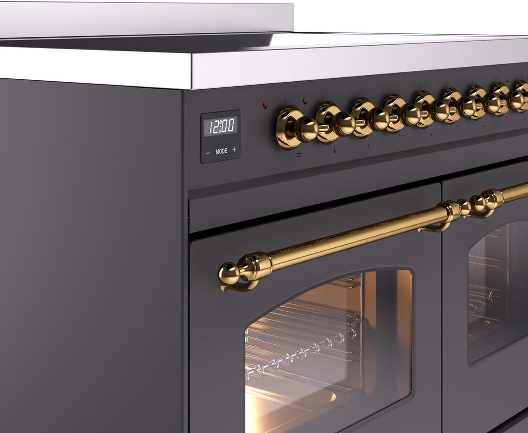 ILVE Nostalgie II 40-Inch Freestanding Electric Induction Range in Matte Graphite with Brass Trim (UPDI406NMPMGG)