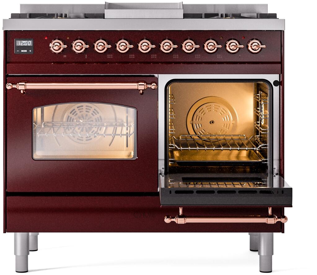 ILVE Nostalgie II 40-Inch Dual Fuel Freestanding Range in Burgundy with Copper Trim (UPD40FNMPBUP)