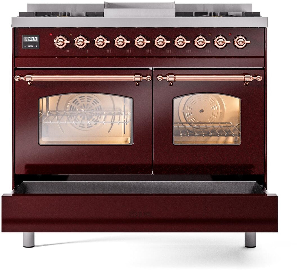 ILVE Nostalgie II 40-Inch Dual Fuel Freestanding Range in Burgundy with Copper Trim (UPD40FNMPBUP)