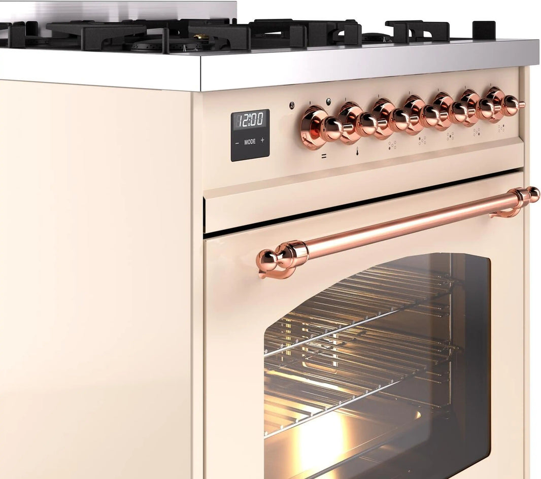 ILVE Nostalgie II 30-Inch Dual Fuel Freestanding Range in Antique White with Copper Trim (UP30NMPAWP)