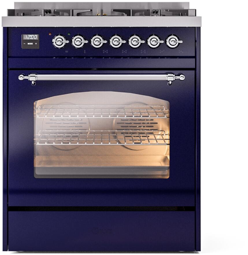 ILVE Nostalgie II 30-Inch Dual Fuel Freestanding Range in Midnight Blue with Chrome Trim (UP30NMPMBC)