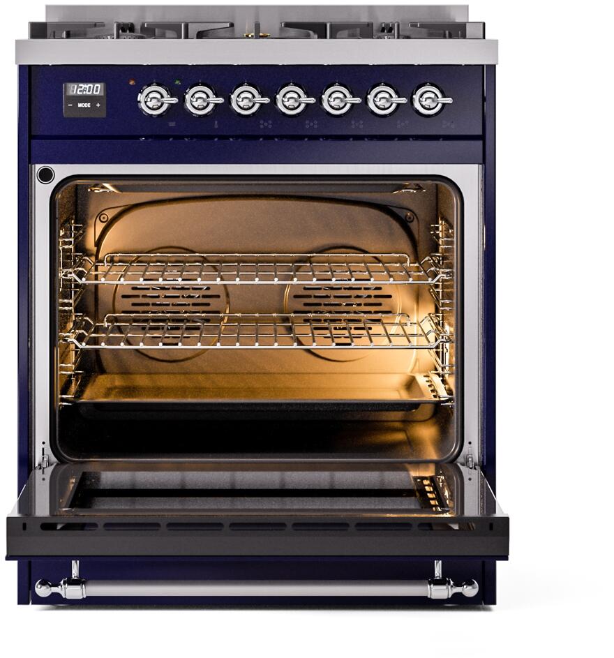 ILVE Nostalgie II 30-Inch Dual Fuel Freestanding Range in Midnight Blue with Chrome Trim (UP30NMPMBC)