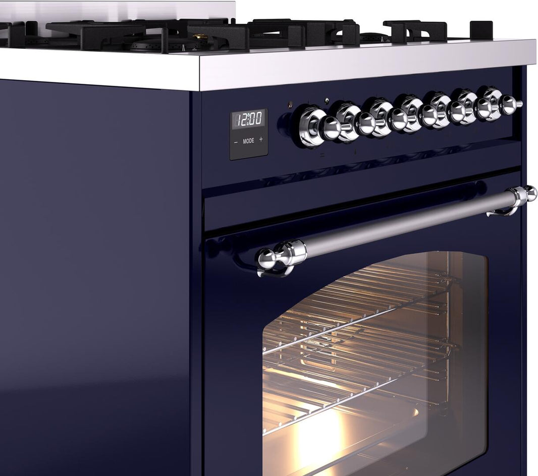 ILVE Nostalgie II 30-Inch Dual Fuel Freestanding Range in Midnight Blue with Chrome Trim (UP30NMPMBC)