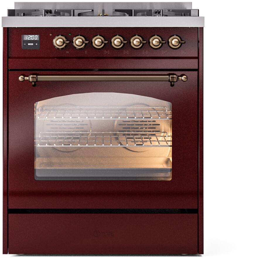 ILVE Nostalgie II 30-Inch Dual Fuel Freestanding Range in Burgundy with Bronze Trim (UP30NMPBUB)