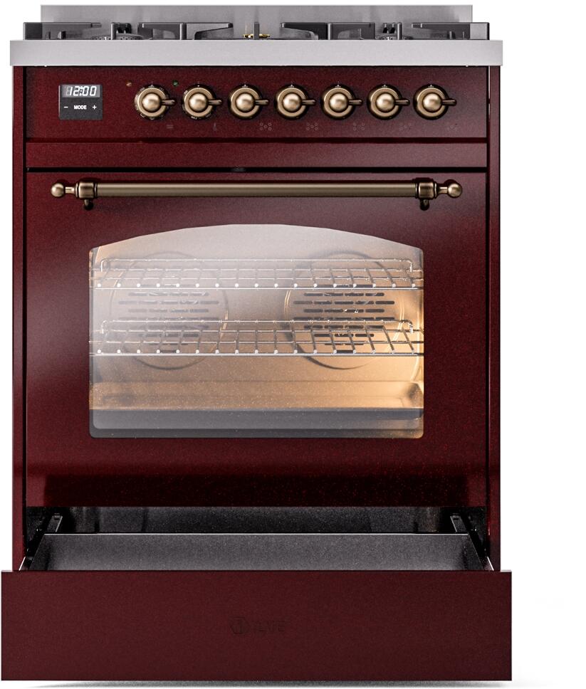 ILVE Nostalgie II 30-Inch Dual Fuel Freestanding Range in Burgundy with Bronze Trim (UP30NMPBUB)