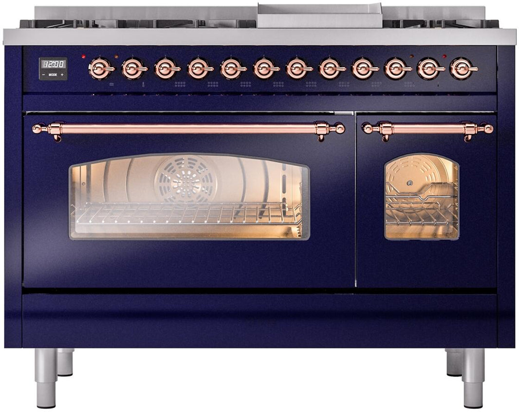 ILVE Nostalgie II 48-Inch Dual Fuel Freestanding Range in Midnight Blue with Copper Trim (UP48FNMPMBP)