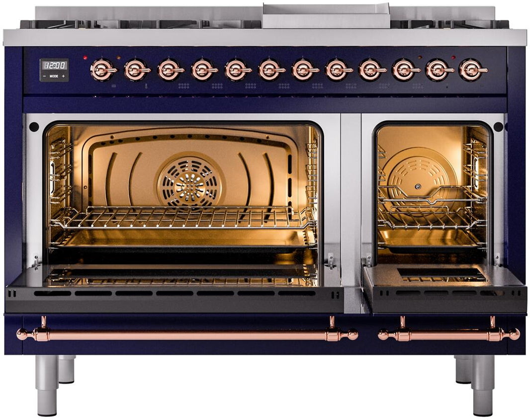 ILVE Nostalgie II 48-Inch Dual Fuel Freestanding Range in Midnight Blue with Copper Trim (UP48FNMPMBP)