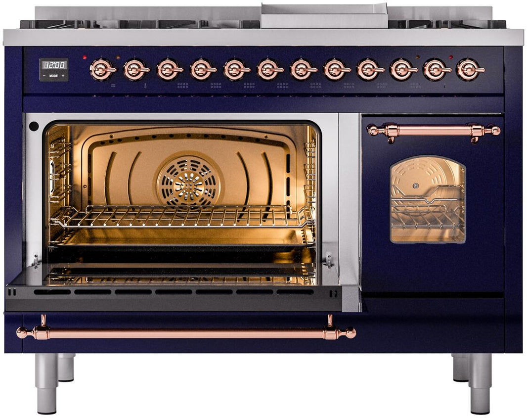 ILVE Nostalgie II 48-Inch Dual Fuel Freestanding Range in Midnight Blue with Copper Trim (UP48FNMPMBP)