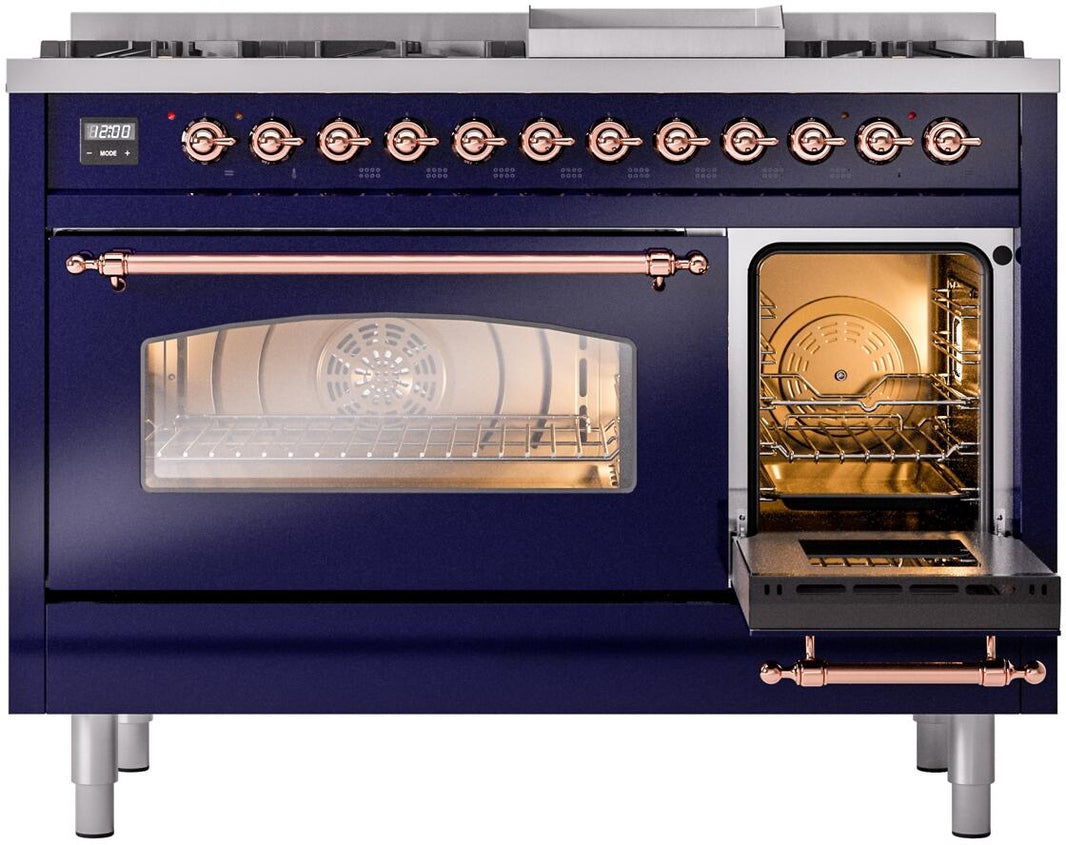 ILVE Nostalgie II 48-Inch Dual Fuel Freestanding Range in Midnight Blue with Copper Trim (UP48FNMPMBP)