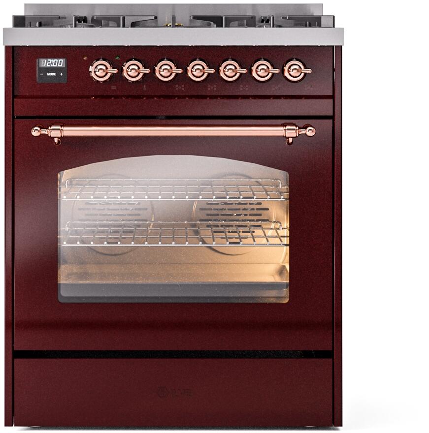 ILVE Nostalgie II 30-Inch Dual Fuel Freestanding Range in Burgundy with Copper Trim (UP30NMPBUP)