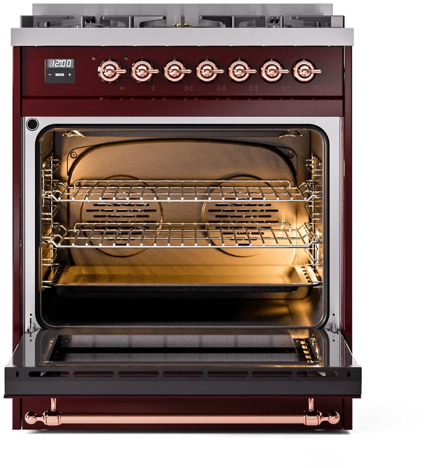 ILVE Nostalgie II 30-Inch Dual Fuel Freestanding Range in Burgundy with Copper Trim (UP30NMPBUP)