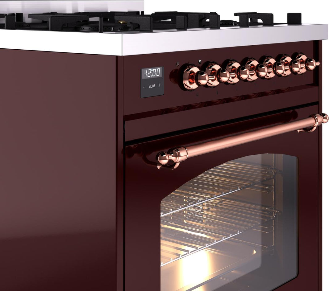 ILVE Nostalgie II 30-Inch Dual Fuel Freestanding Range in Burgundy with Copper Trim (UP30NMPBUP)