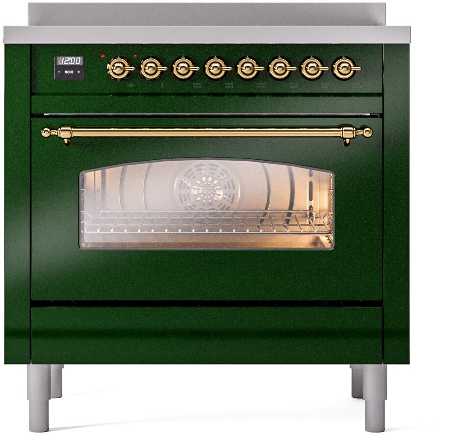 ILVE Nostalgie II 36-Inch Freestanding Electric Induction Range in Emerald Green with Brass Trim (UPI366NMPEGG)