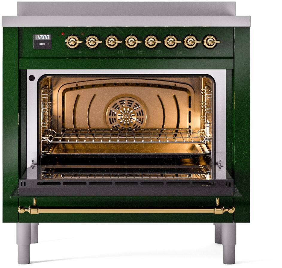 ILVE Nostalgie II 36-Inch Freestanding Electric Induction Range in Emerald Green with Brass Trim (UPI366NMPEGG)