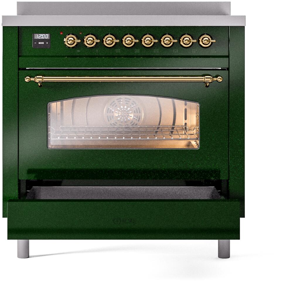 ILVE Nostalgie II 36-Inch Freestanding Electric Induction Range in Emerald Green with Brass Trim (UPI366NMPEGG)