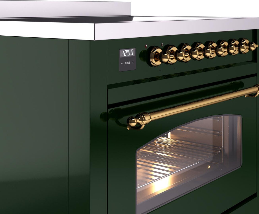 ILVE Nostalgie II 36-Inch Freestanding Electric Induction Range in Emerald Green with Brass Trim (UPI366NMPEGG)