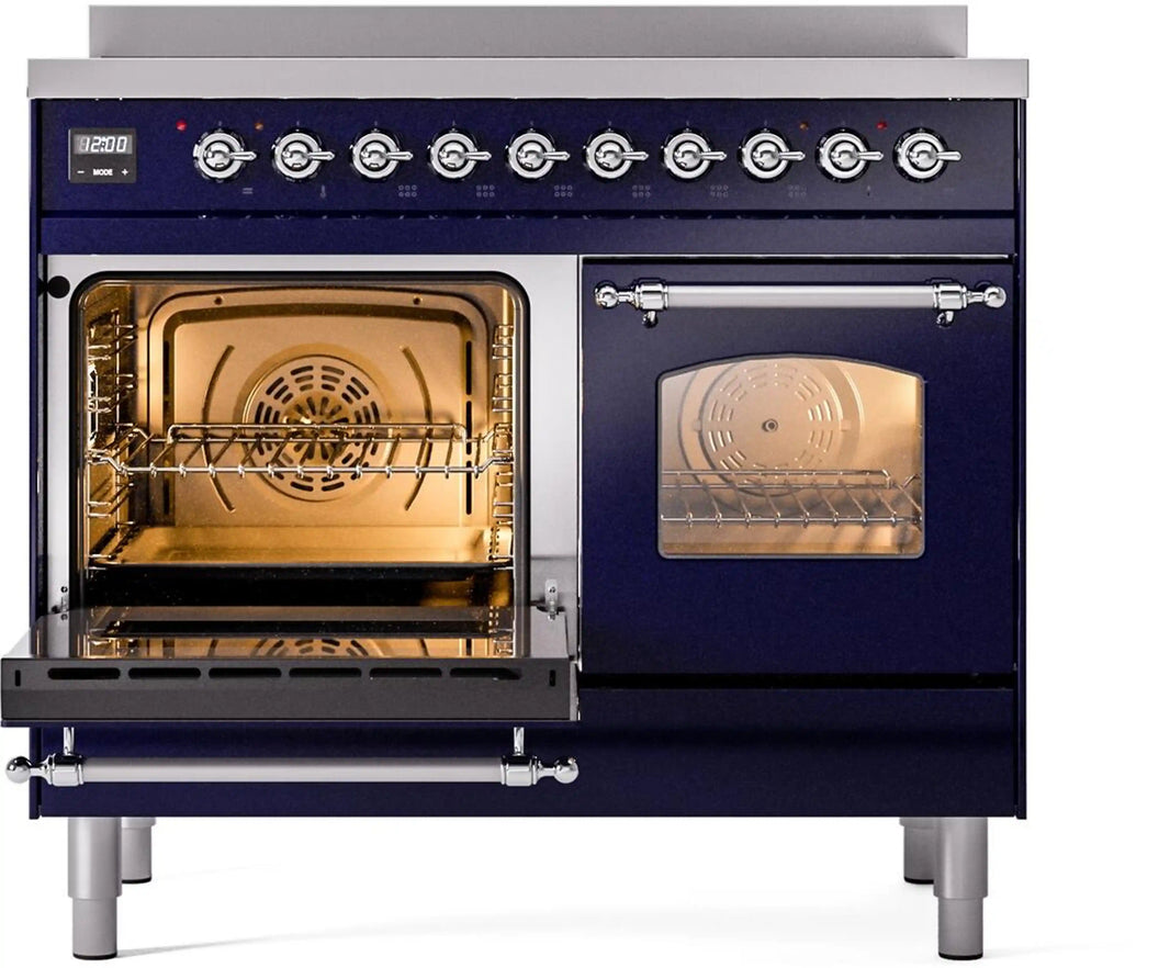 ILVE Nostalgie II 40-Inch Freestanding Electric Induction Range in Midnight Blue with Chrome Trim (UPDI406NMPMBC)