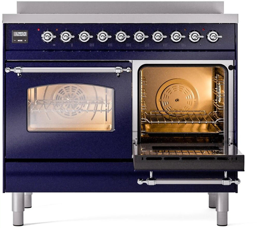 ILVE Nostalgie II 40-Inch Freestanding Electric Induction Range in Midnight Blue with Chrome Trim (UPDI406NMPMBC)